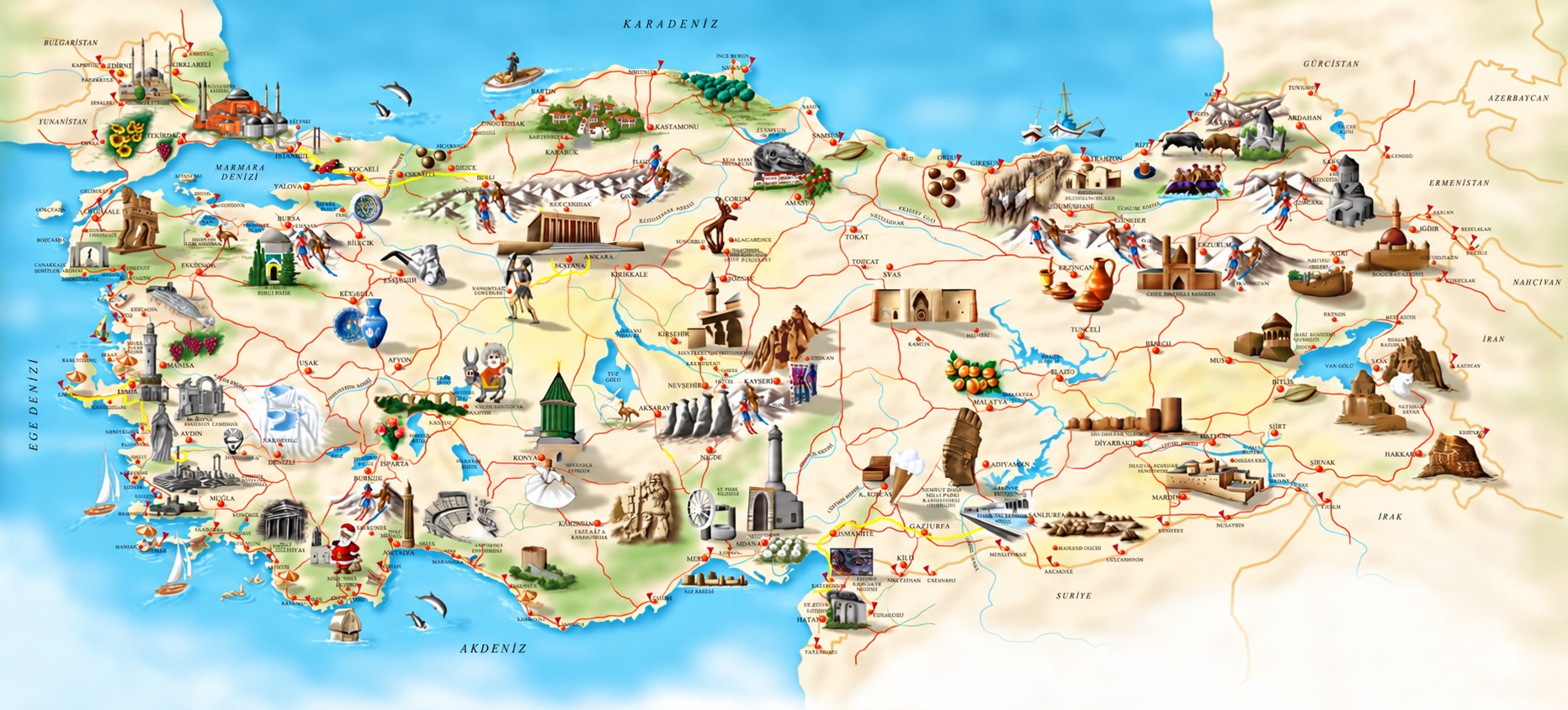 One Türkiye. Endless Discoveries. Illustrated map of Türkiye